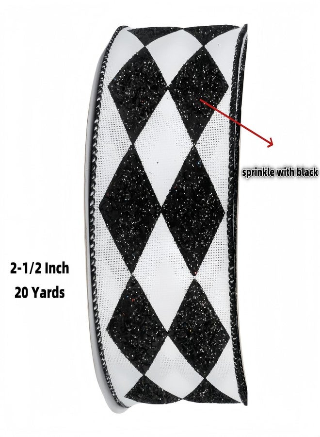 Meseey Black & White Glitter Harlequin Christmas Wired Ribbon - 2.5 Inch x 20 Yards, Wired Edge Fabric Ribbon for Christmas Tree Decor, Gift Wrapping & Holiday Crafts - Image 2